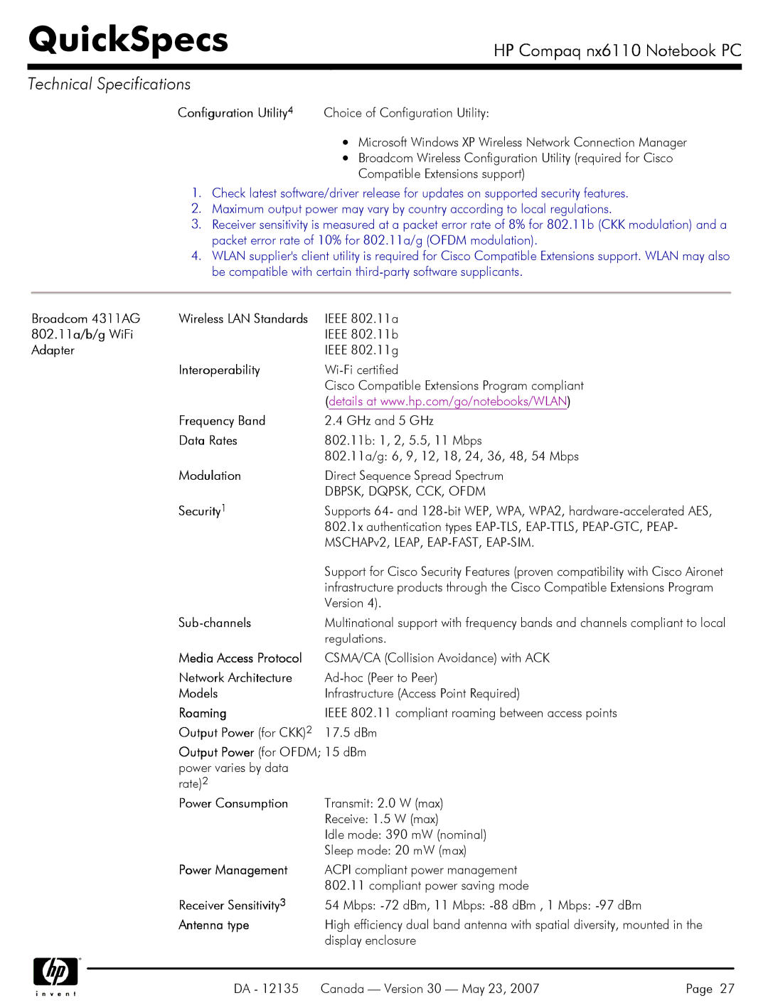 HP NX6110 manual Configuration Utility, Broadcom 4311AG, 802.11a/b/g WiFi 