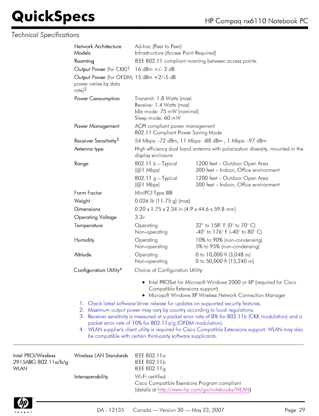 HP NX6110 manual 026 lb 11.75 g max, 2915ABG 802.11a/b/g, Cisco Compatible Exensions Program compliant 