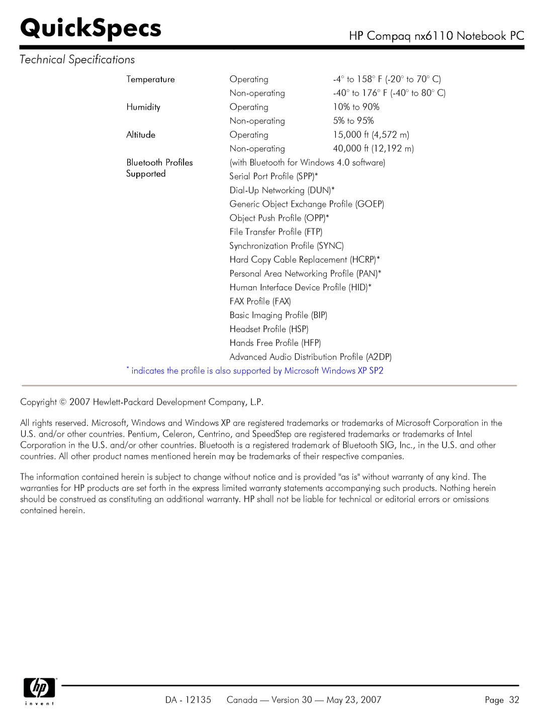 HP NX6110 manual Bluetooth Profiles 