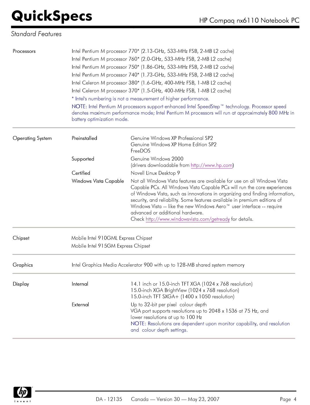 HP NX6110 manual Standard Features 