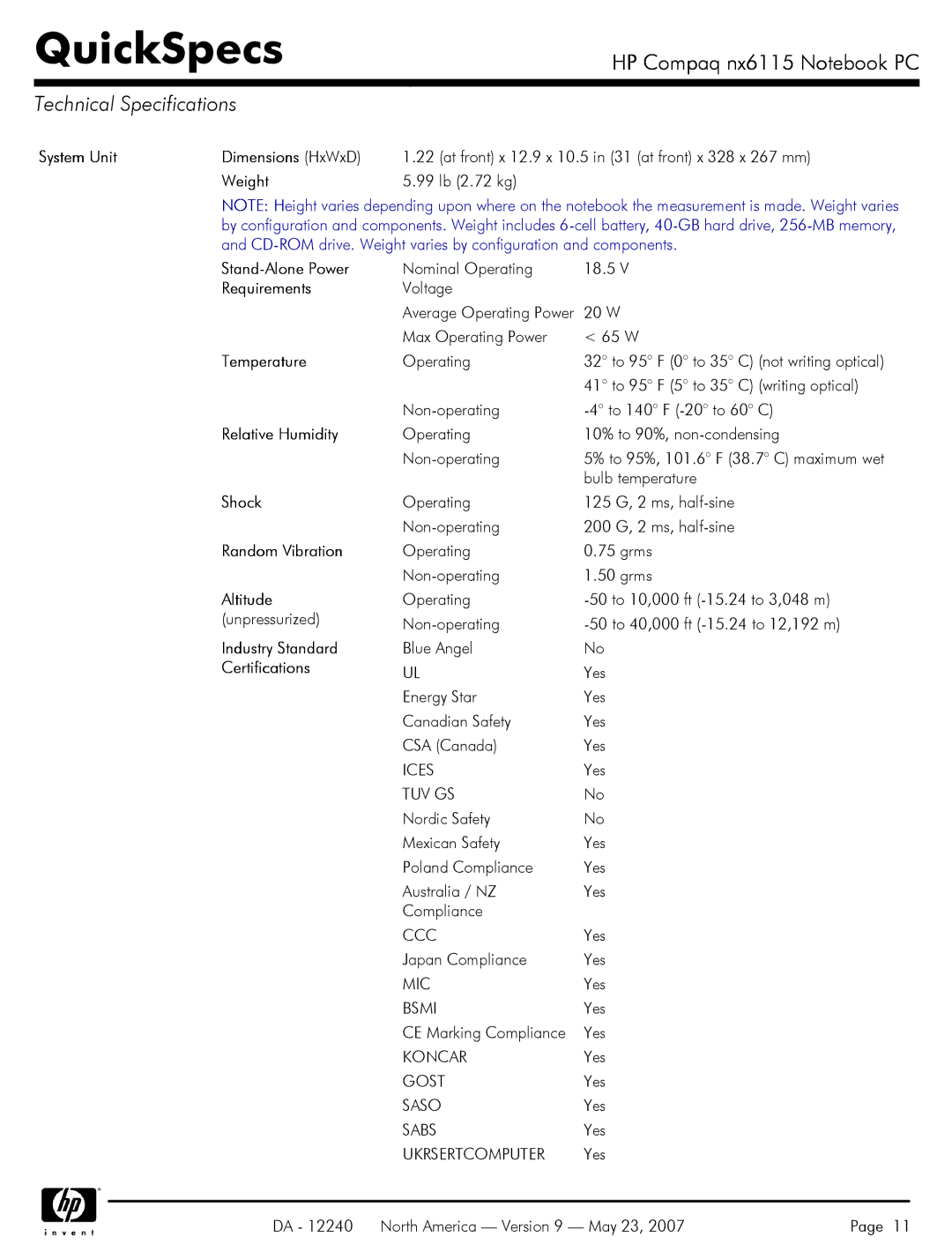 HP NX6115 manual Technical Specifications 