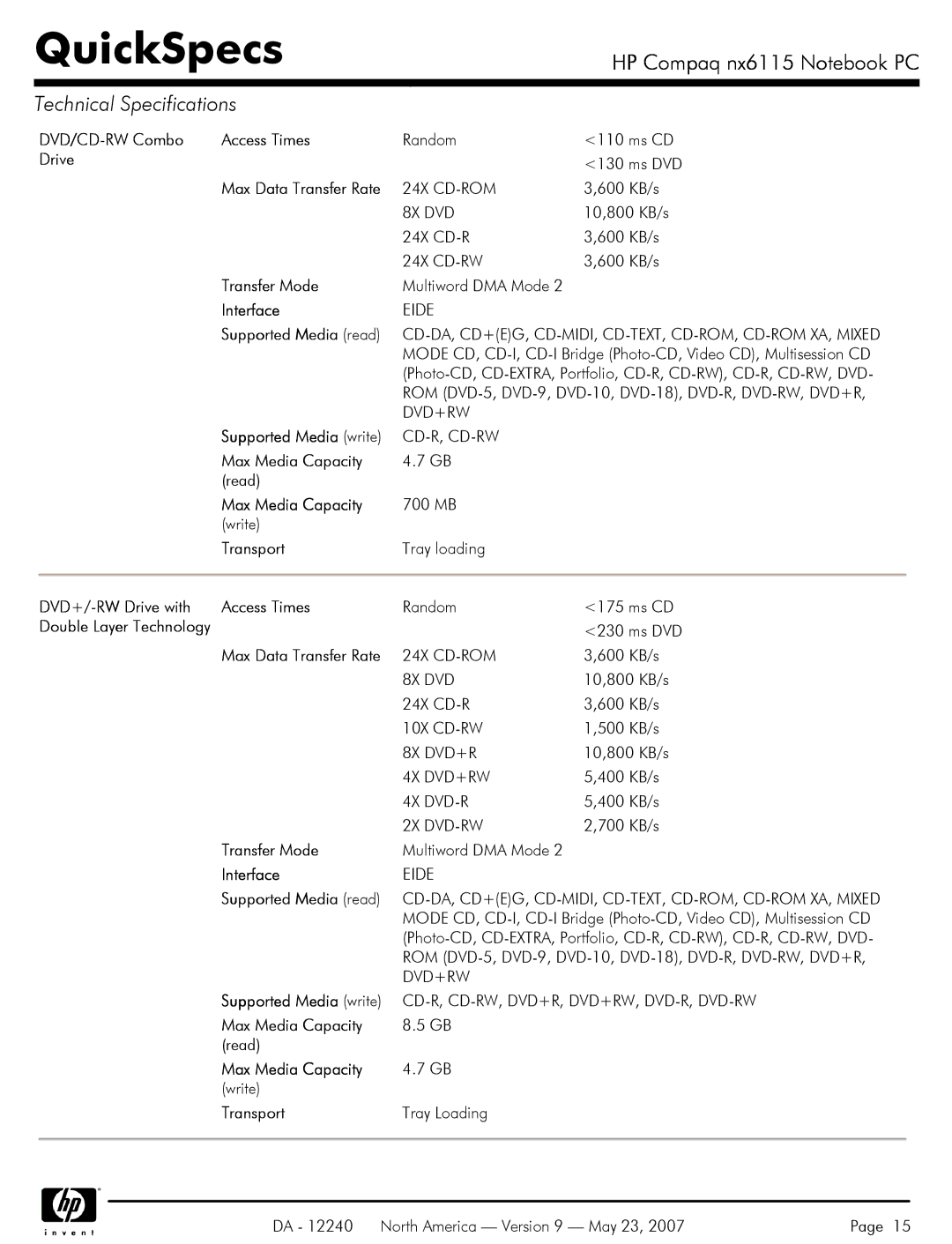 HP NX6115 DVD/CD-RW Combo Access Times, Drive, Max Data Transfer Rate, Transfer Mode, Supported Media read, Transport 