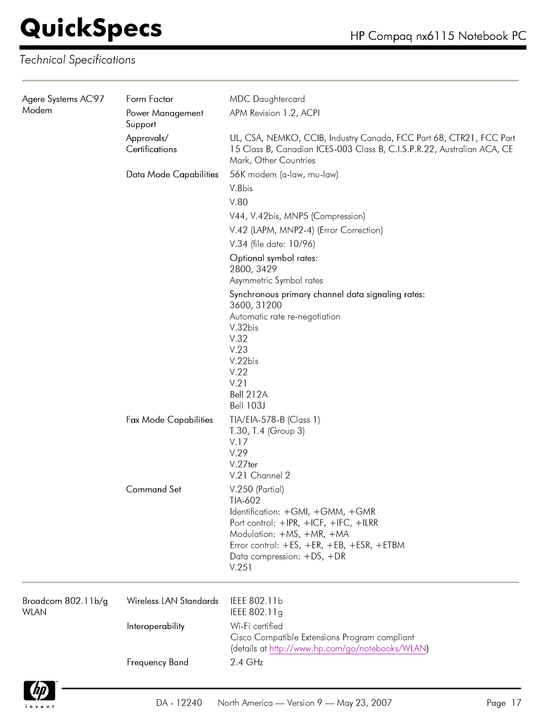 HP NX6115 Agere Systems AC97 Form Factor, Modem Power Management, Support Approvals, Optional symbol rates, Command Set 