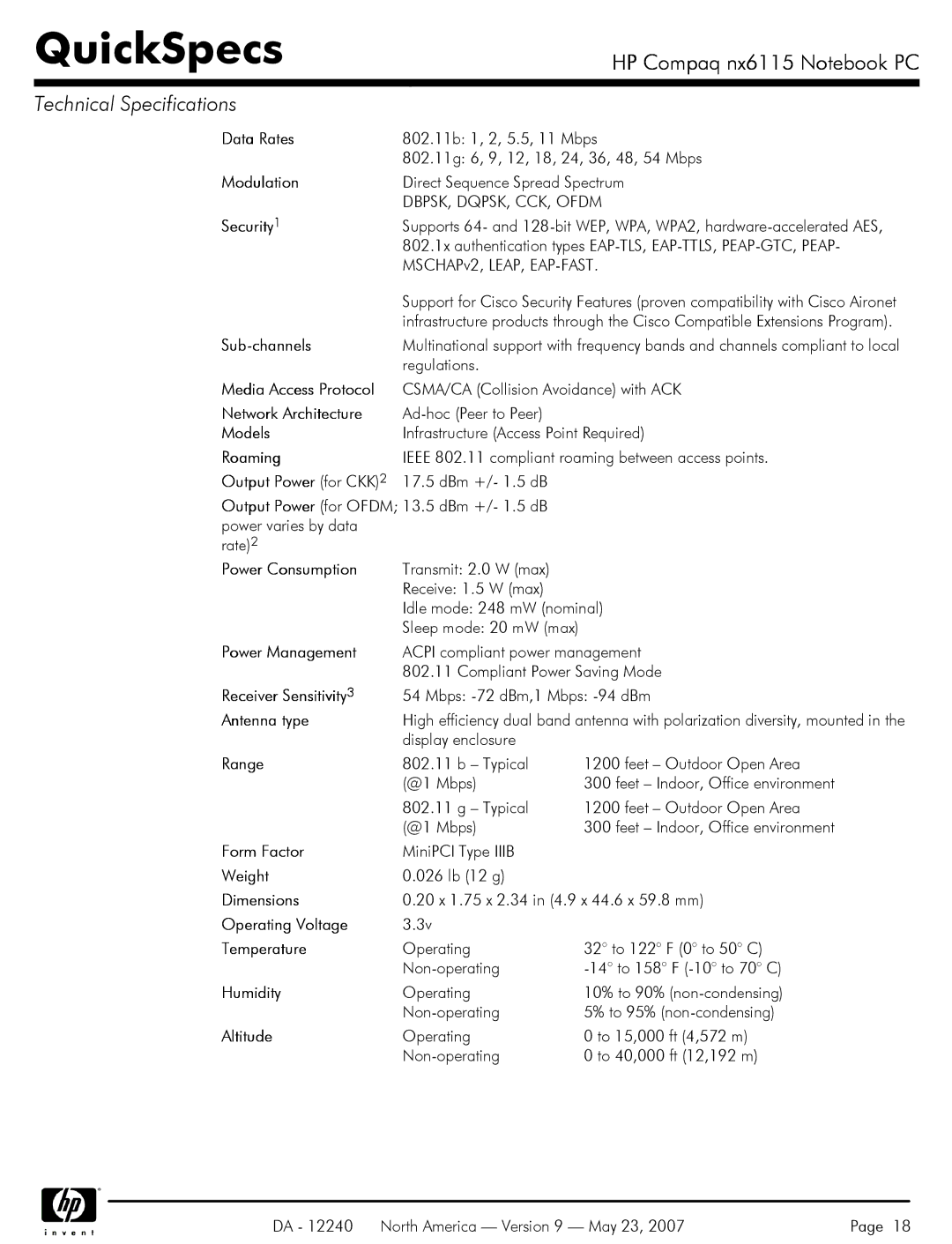 HP NX6115 Data Rates, Modulation, Sub-channels, Media Access Protocol, Network Architecture, Models, Roaming, Antenna type 