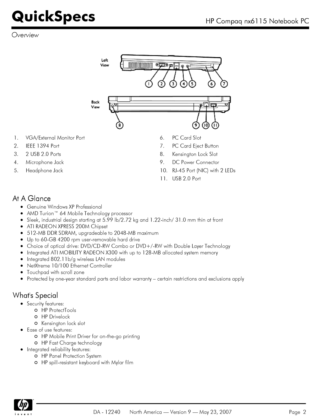 HP NX6115 manual At a Glance, USB 2.0 Port 