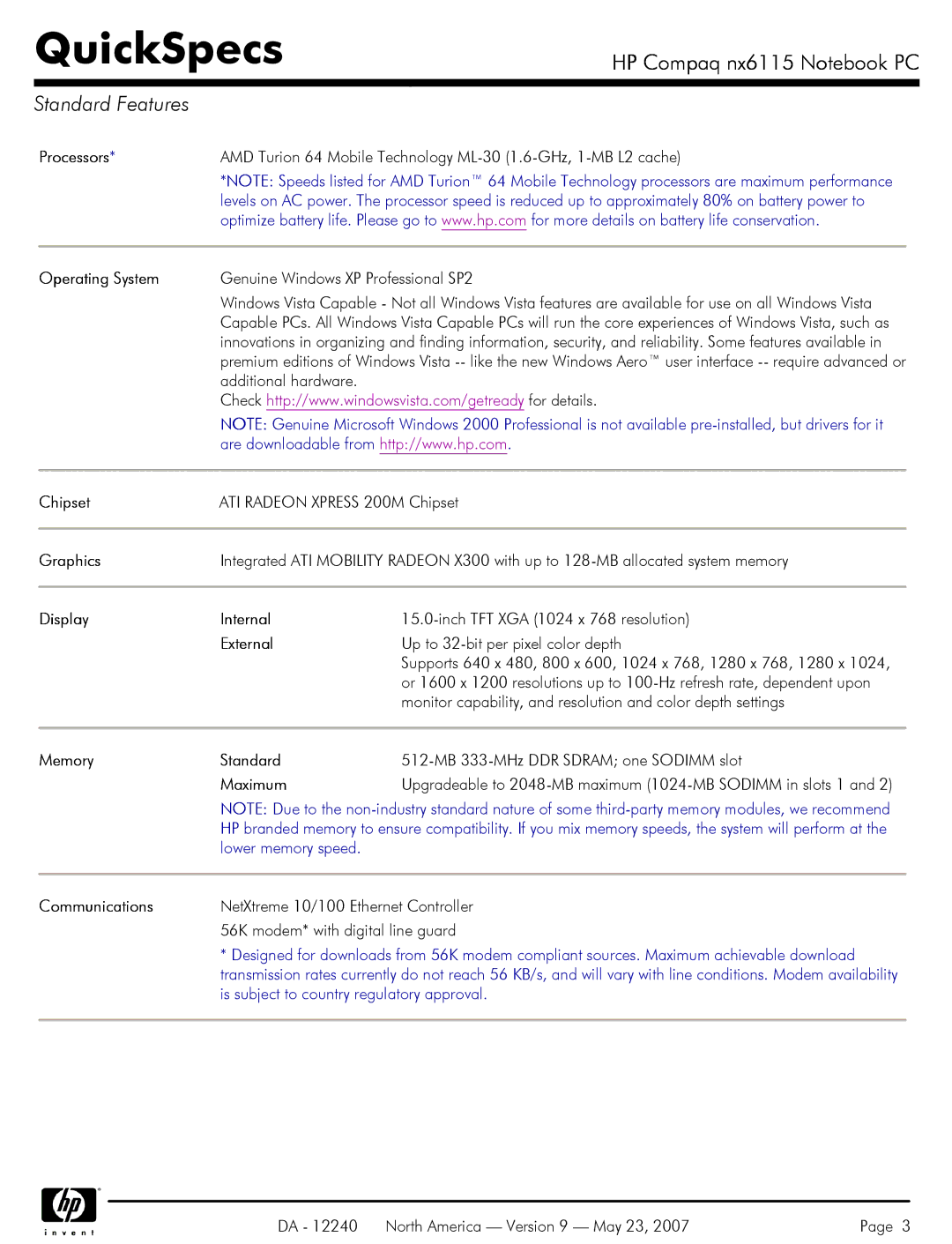 HP NX6115 manual Standard Features 