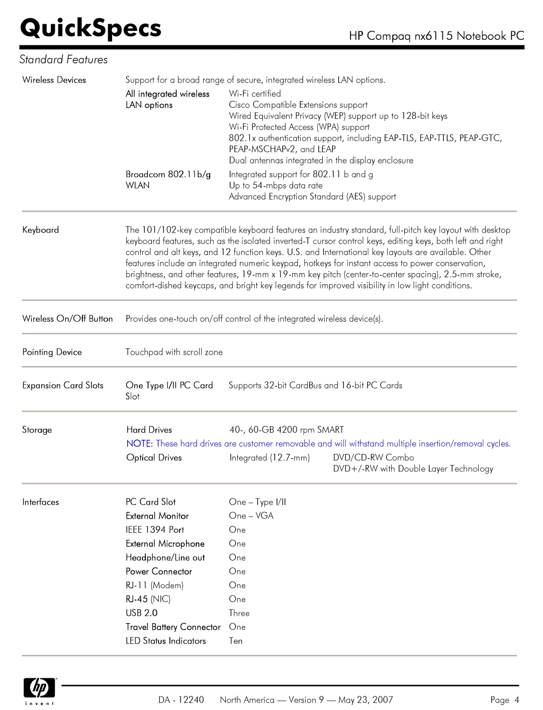 HP NX6115 Wireless Devices, All integrated wireless, LAN options, Broadcom 802.11b/g, Keyboard, Wireless On/Off Button 