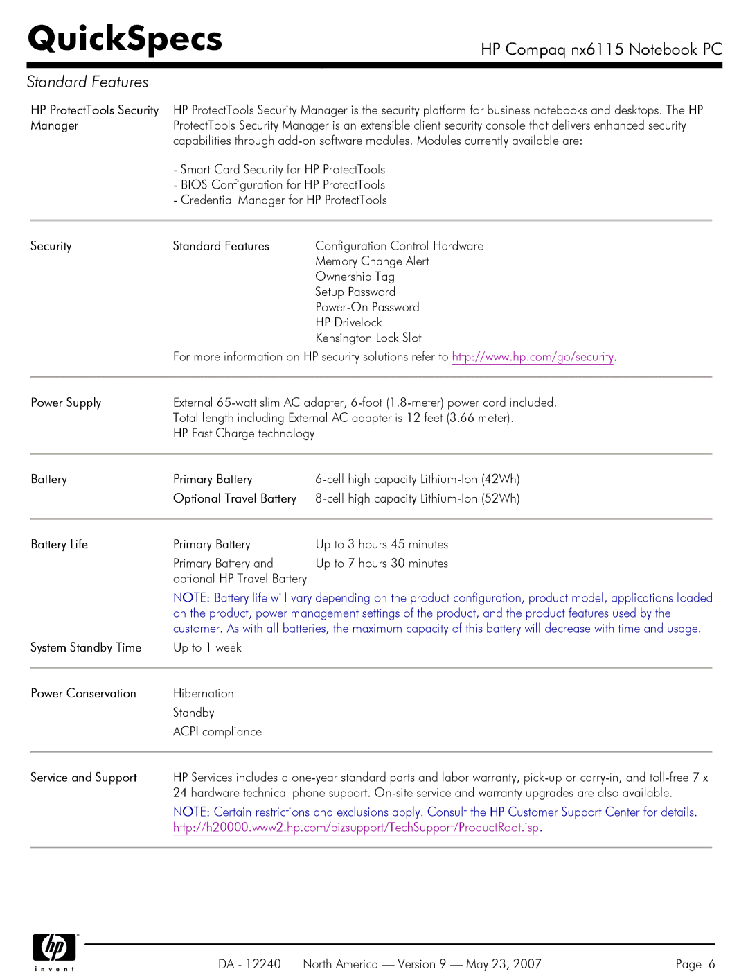 HP NX6115 manual Manager, Security Standard Features, Power Supply, Battery Primary Battery, Optional Travel Battery 