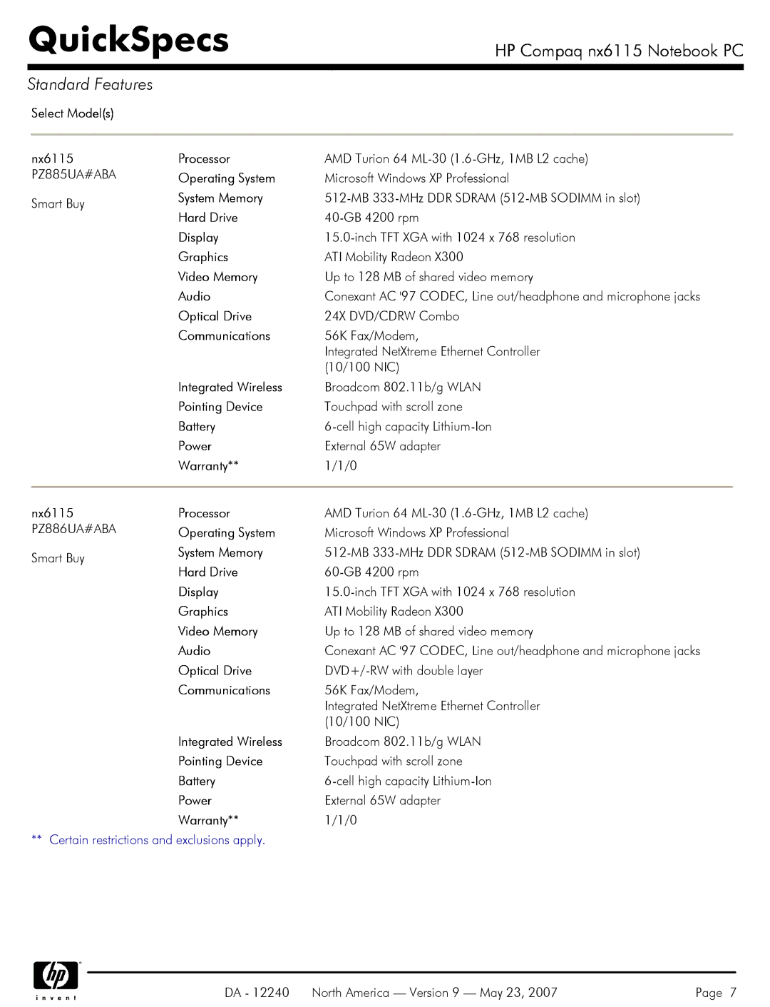 HP NX6115 Select Models Nx6115 Processor, System Memory, Hard Drive, Display, Video Memory, Optical Drive, Battery, Power 