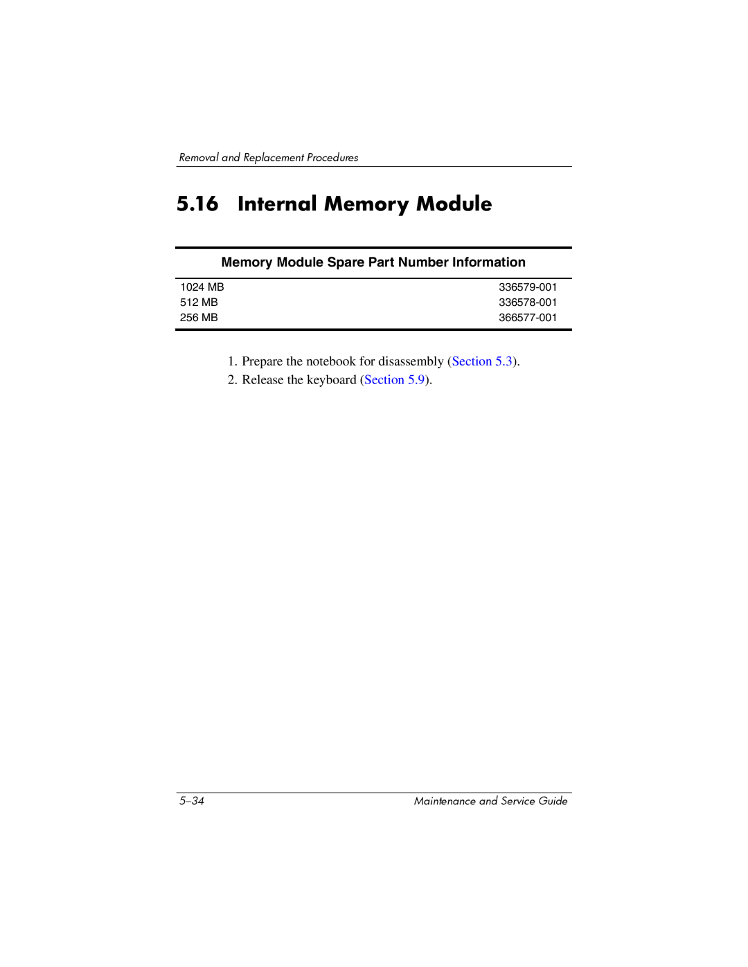 HP NX6120 manual Internal Memory Module, Memory Module Spare Part Number Information 