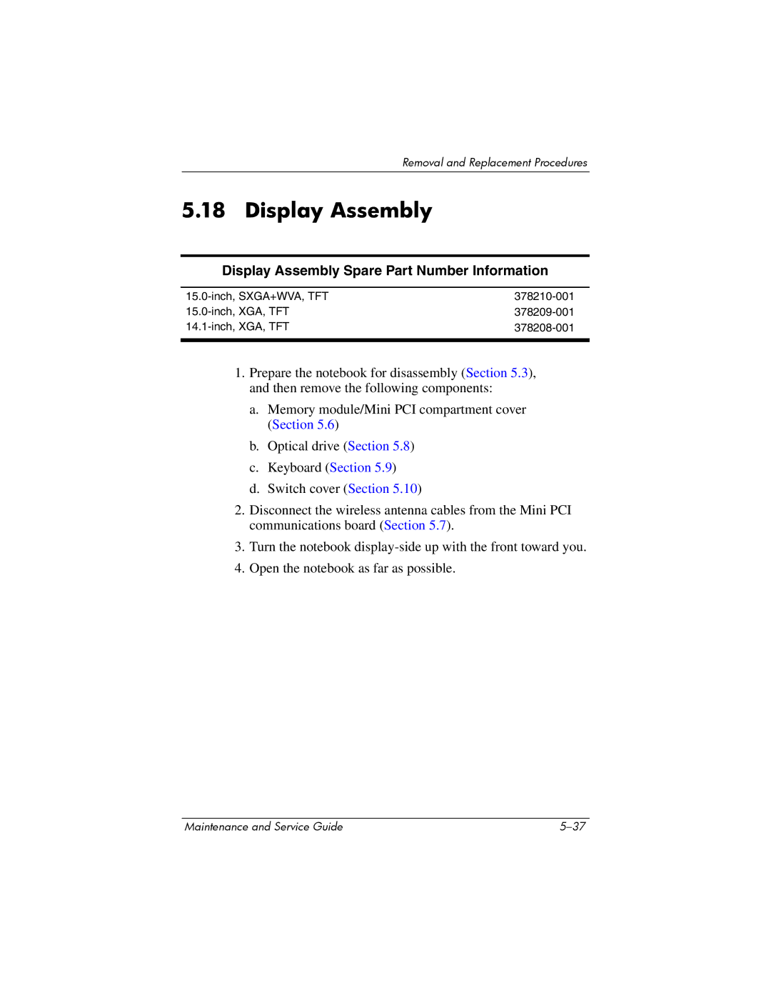 HP NX6120 manual Display Assembly Spare Part Number Information 