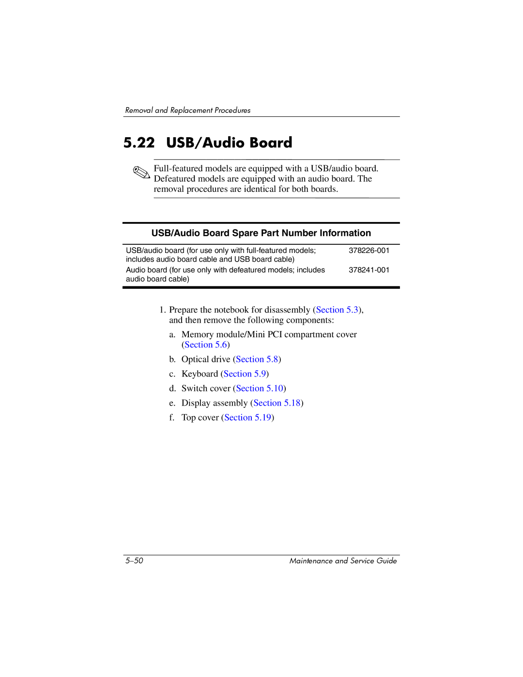 HP NX6120 manual 22 USB/Audio Board, USB/Audio Board Spare Part Number Information 