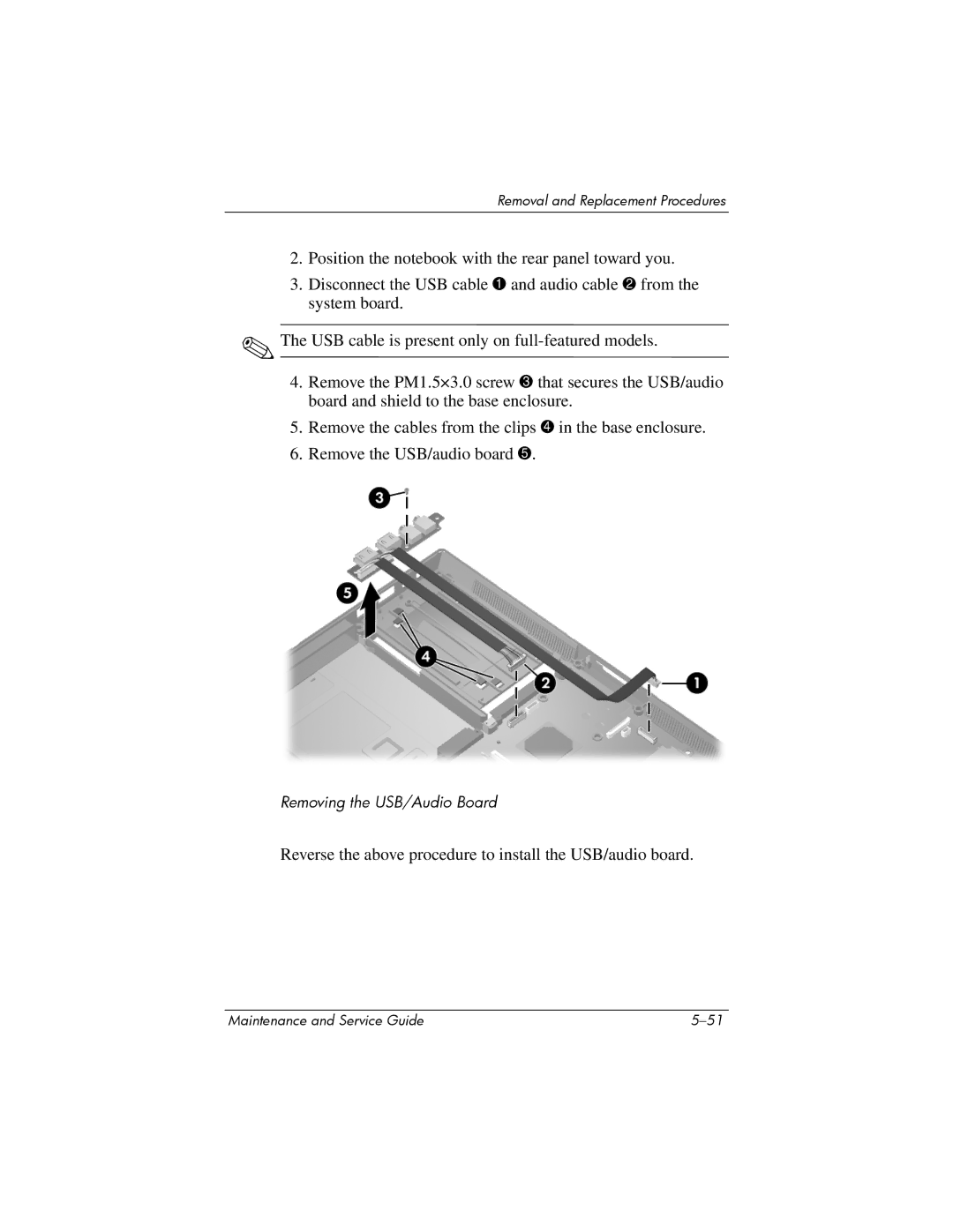 HP NX6120 manual Reverse the above procedure to install the USB/audio board 