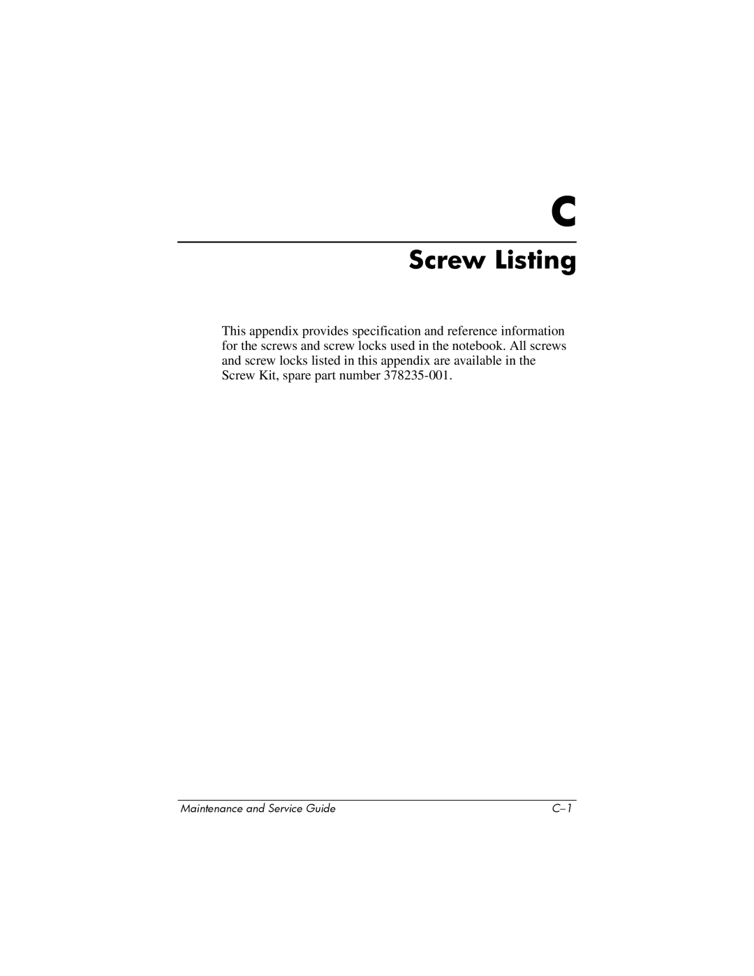 HP NX6120 manual Screw Listing 