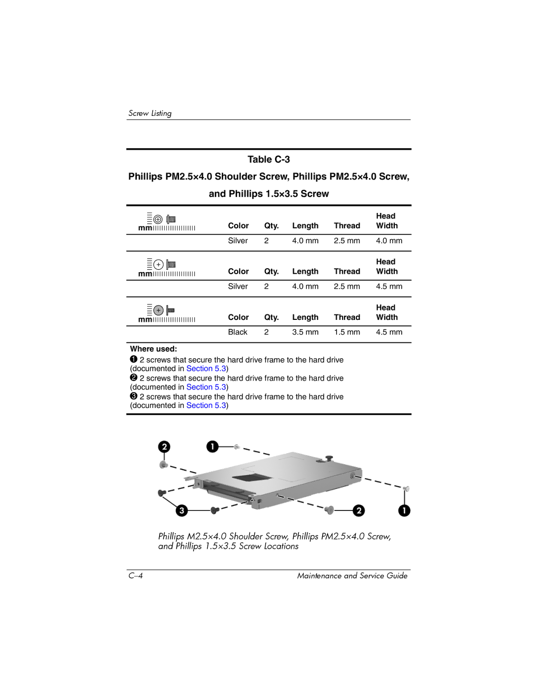 HP NX6120 manual Color Qty Length Thread Width Silver Head Black Where used 