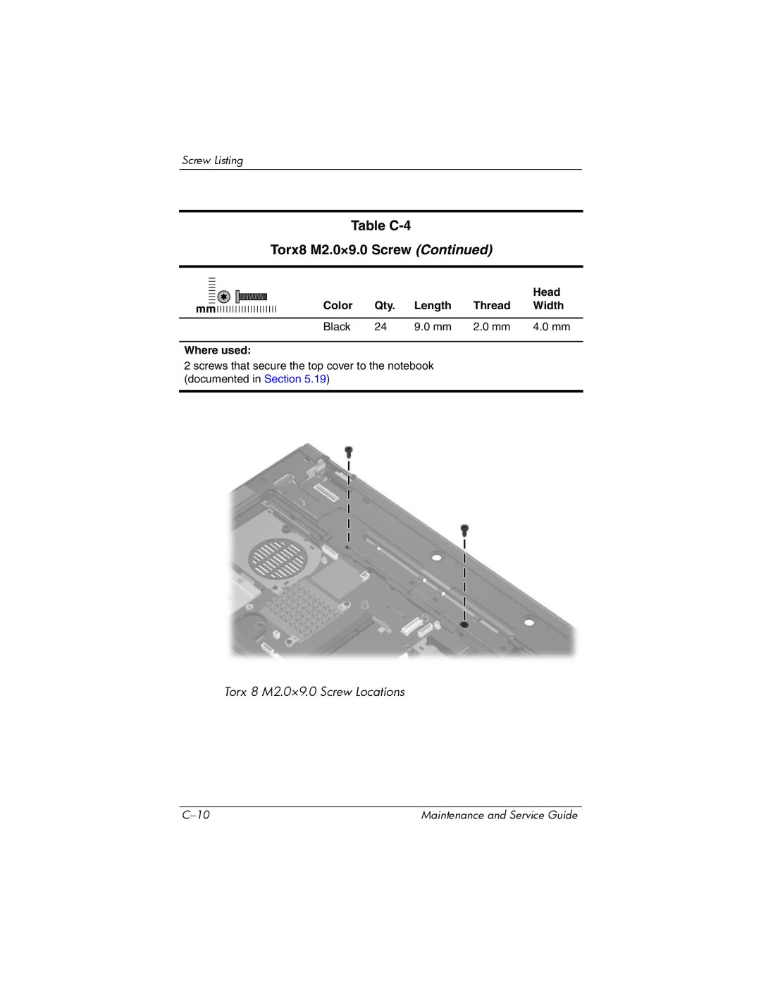 HP NX6120 manual Table C-4 Torx8 M2.0×9.0 Screw 