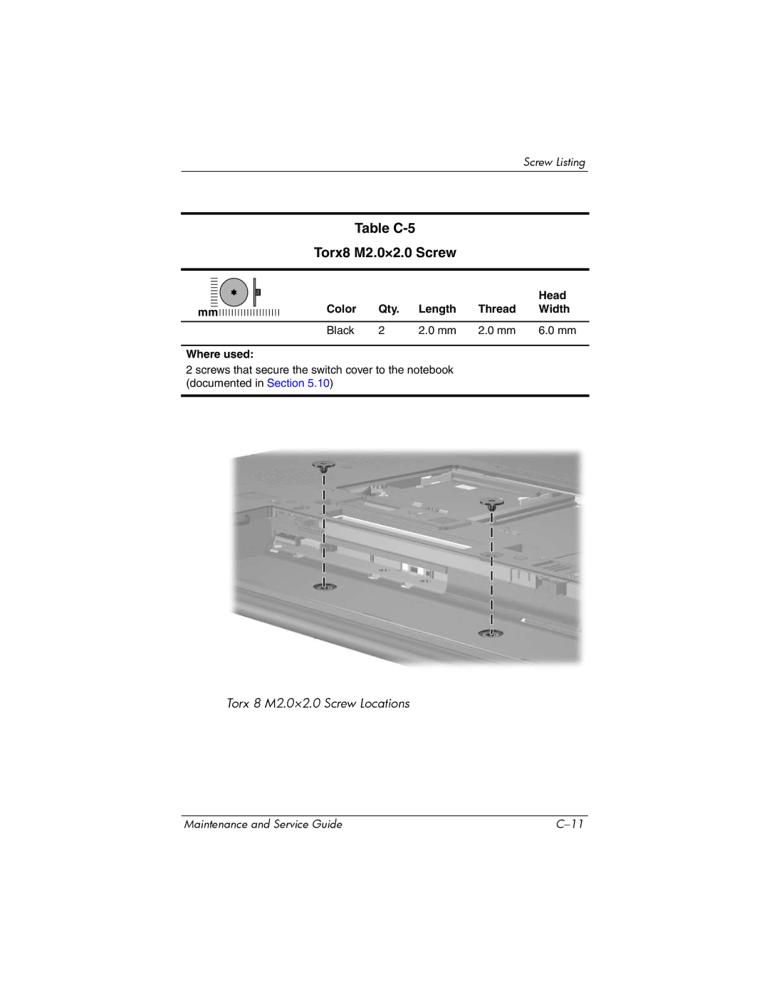 HP NX6120 manual Table C-5 Torx8 M2.0×2.0 Screw, Head 