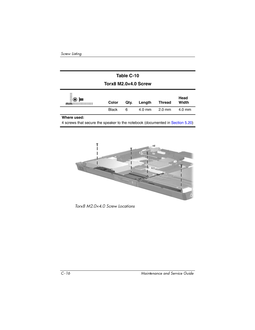 HP NX6120 manual Table C-10 Torx8 M2.0×4.0 Screw 