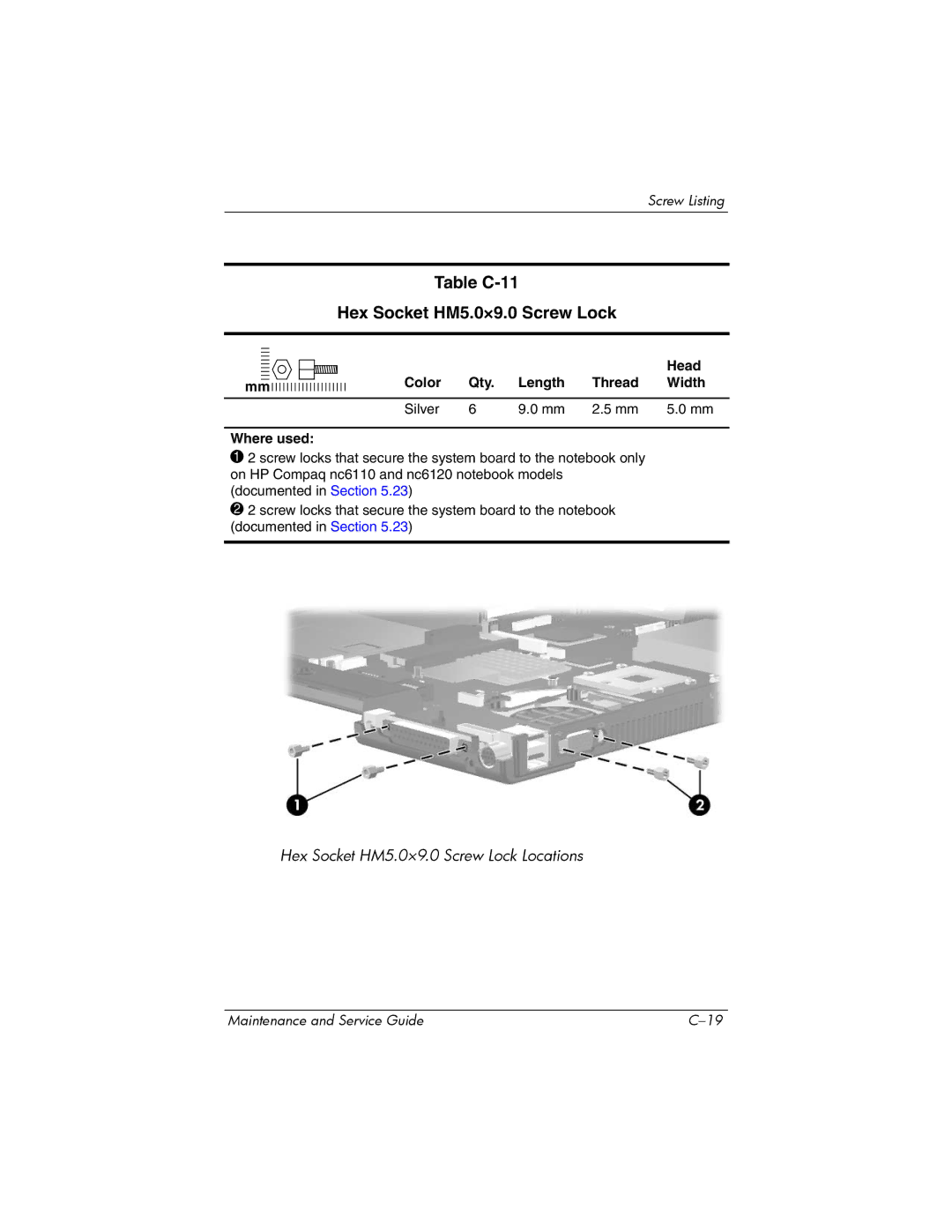 HP NX6120 manual Table C-11 Hex Socket HM5.0×9.0 Screw Lock 