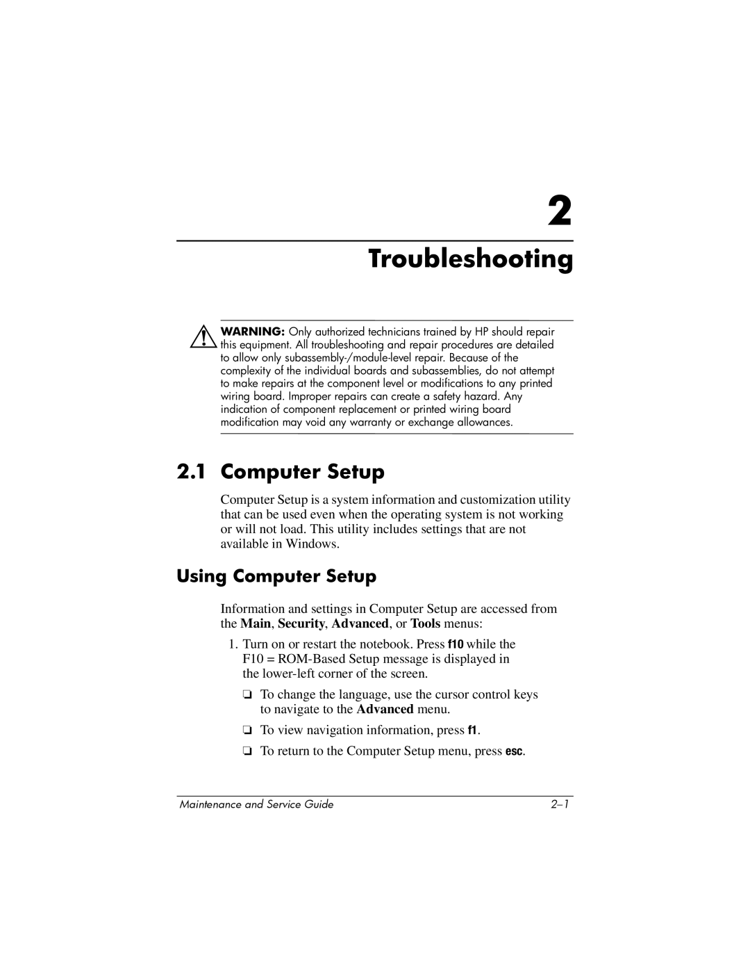 HP NX6120 manual Troubleshooting, Computer Setup 