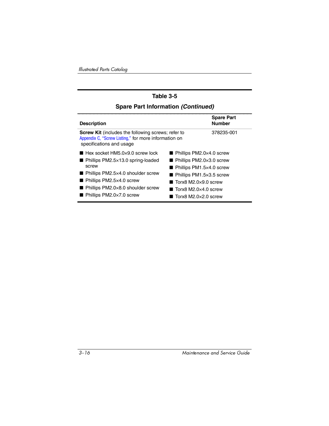 HP NX6120 manual Description Number, Appendix C, Screw Listing, for more information on 