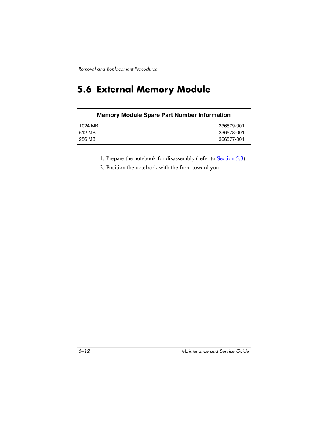 HP NX6120 manual External Memory Module, Memory Module Spare Part Number Information 