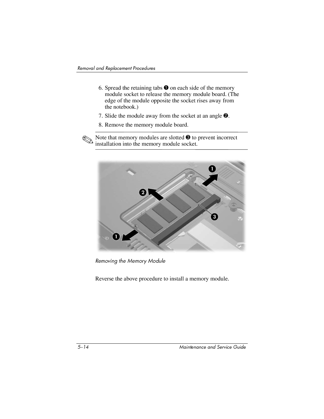 HP NX6120 manual Reverse the above procedure to install a memory module 