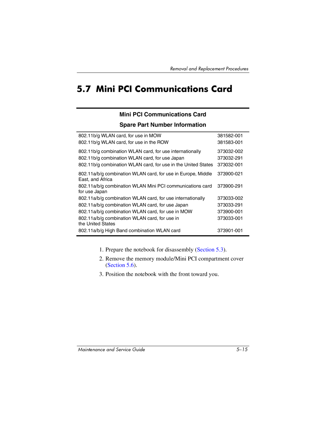 HP NX6120 manual Mini PCI Communications Card Spare Part Number Information 