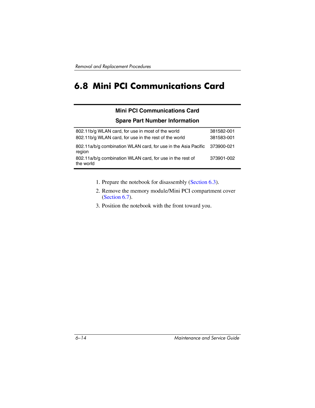 HP nx6130 manual Mini PCI Communications Card Spare Part Number Information 