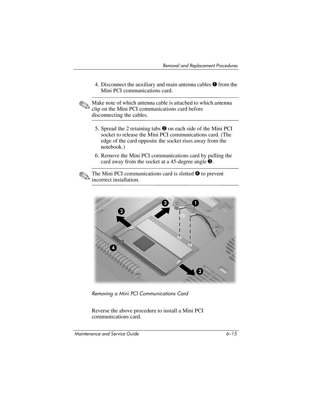 HP nx6130 manual Removing a Mini PCI Communications Card 