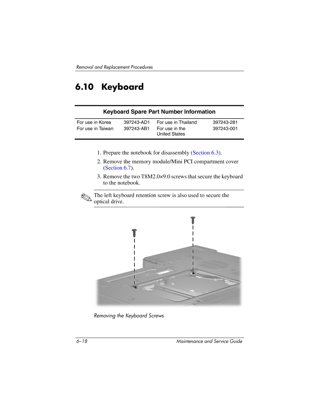 HP nx6130 manual Keyboard Spare Part Number Information 