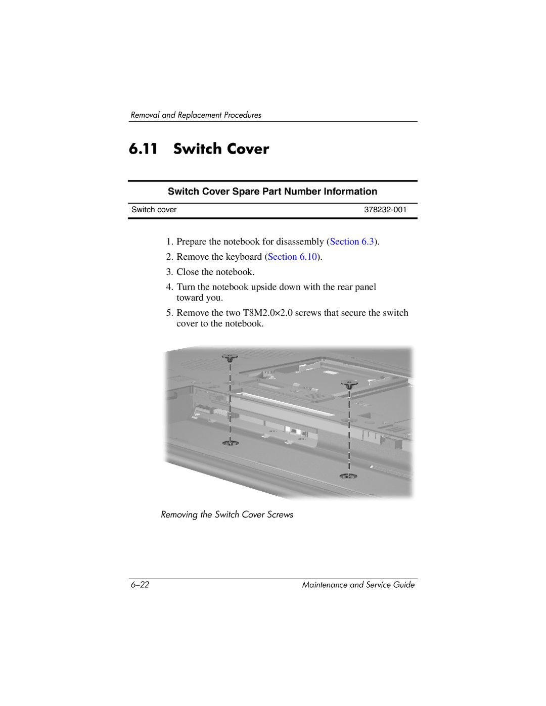 HP nx6130 manual Switch Cover Spare Part Number Information 