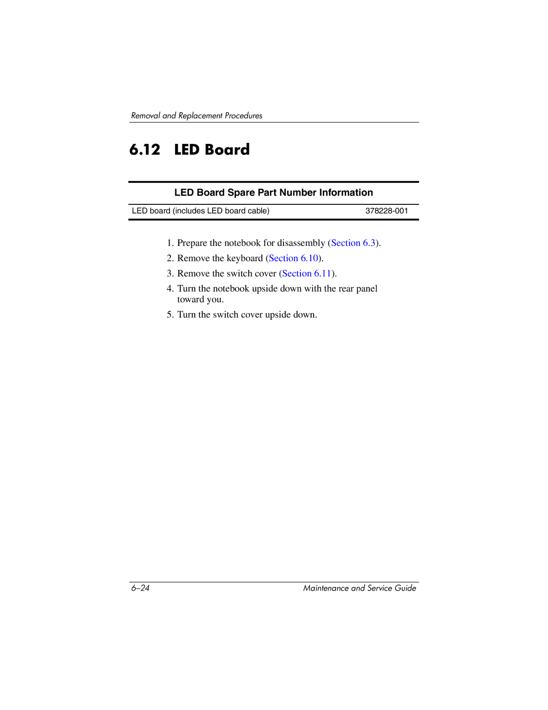 HP nx6130 manual LED Board Spare Part Number Information 