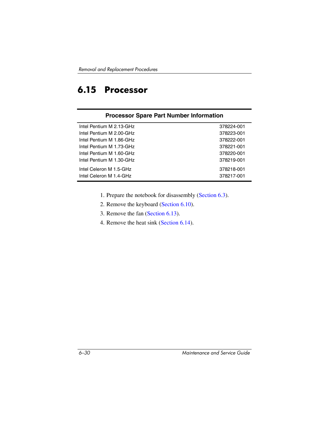 HP nx6130 manual Processor Spare Part Number Information 