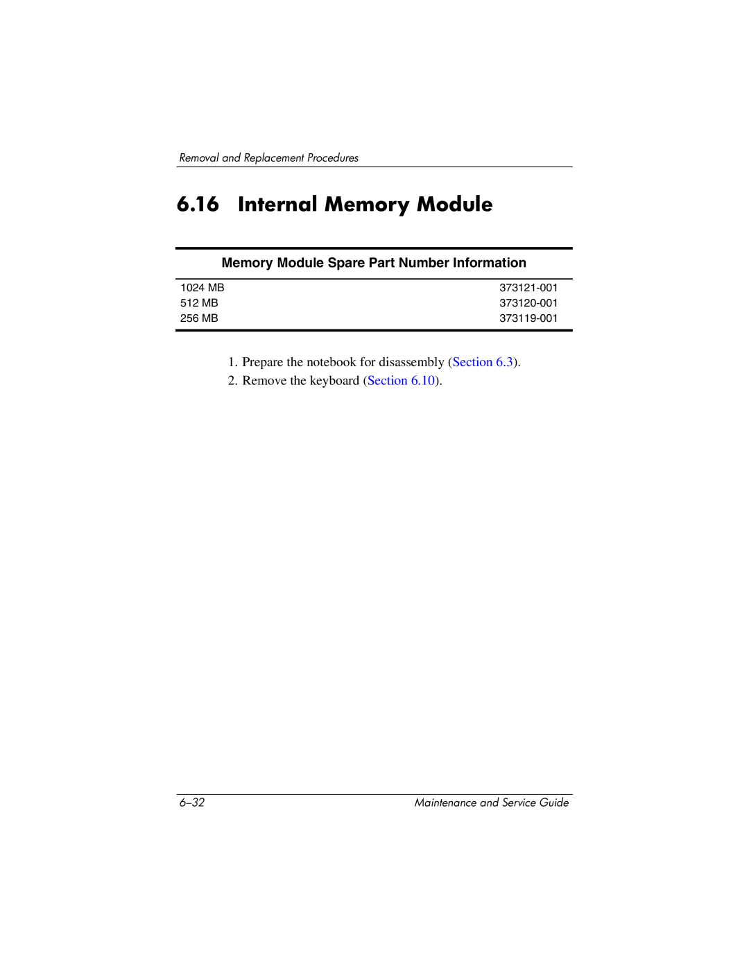 HP nx6130 manual Internal Memory Module, Memory Module Spare Part Number Information 