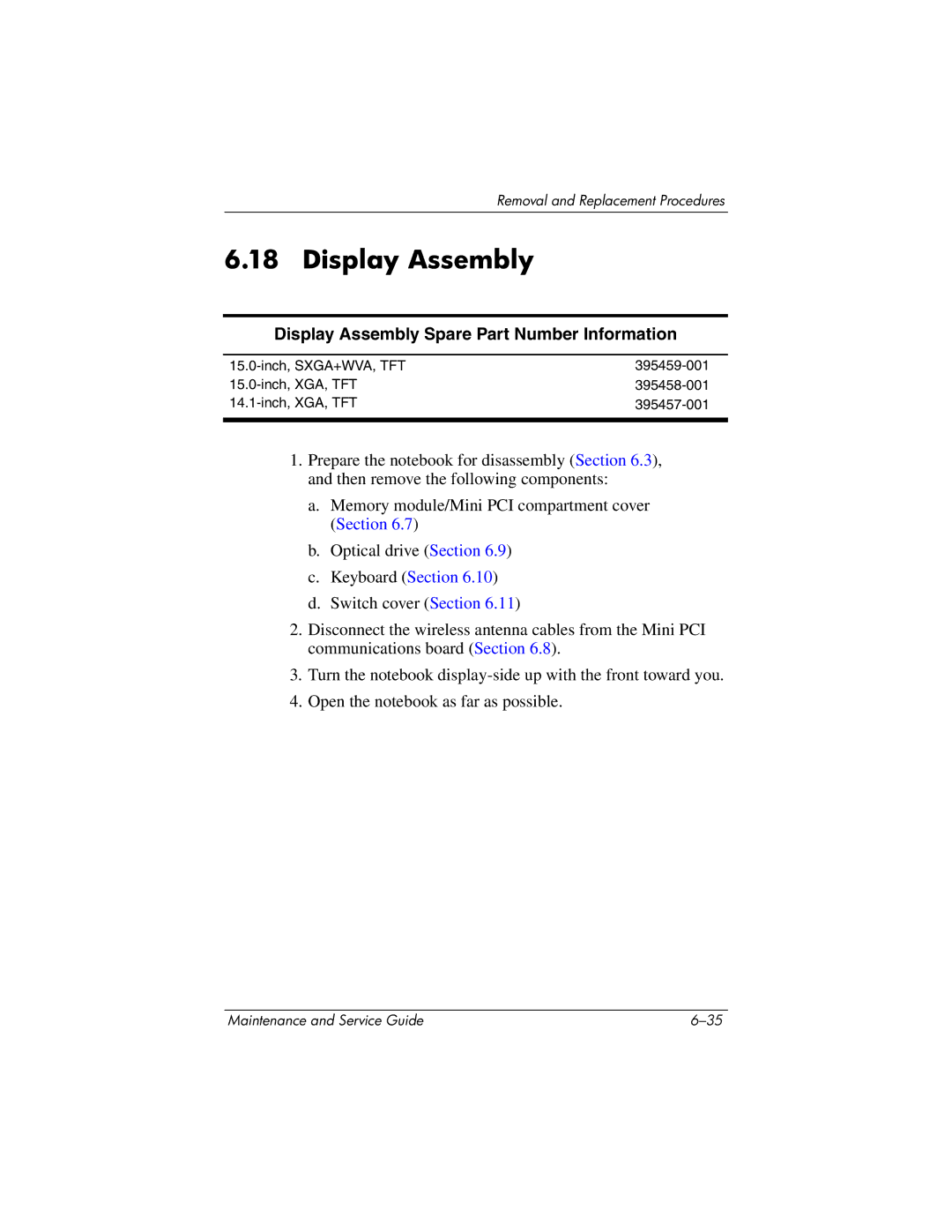 HP nx6130 manual Display Assembly Spare Part Number Information 