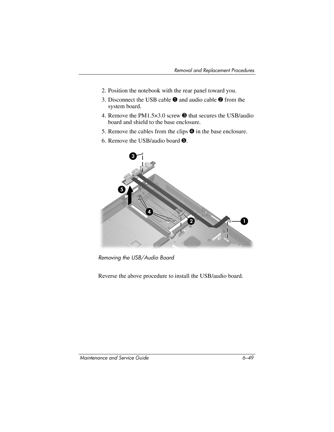 HP nx6130 manual Reverse the above procedure to install the USB/audio board 