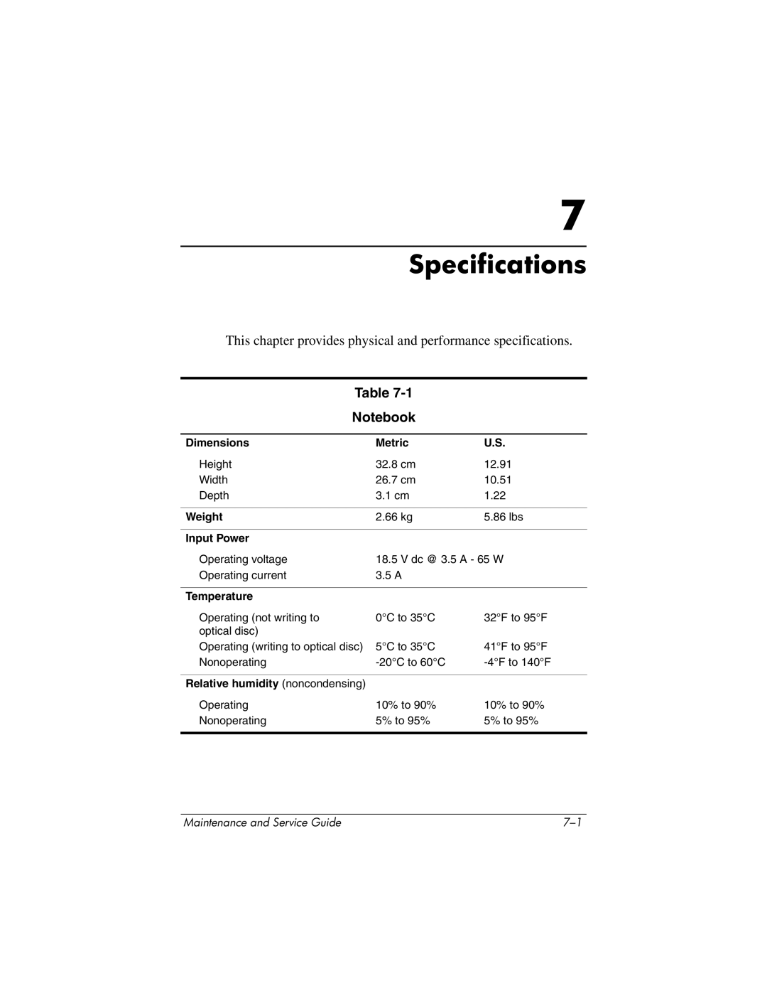 HP nx6130 manual Dimensions Metric, Weight, Input Power, Temperature, Relative humidity noncondensing 