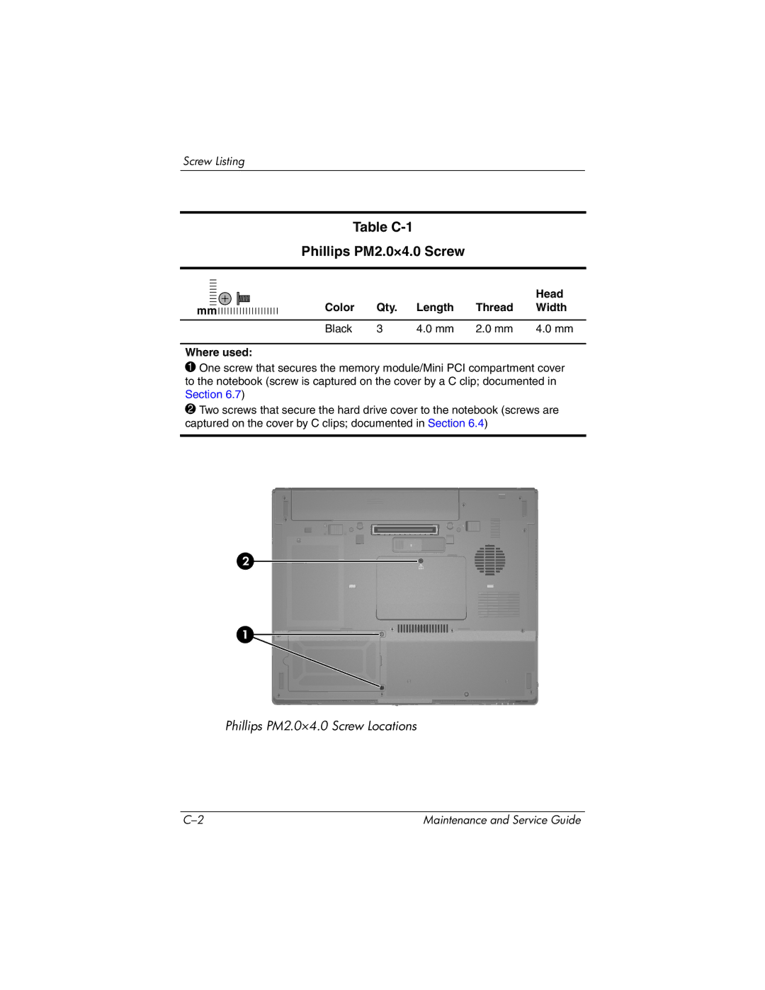 HP nx6130 manual Table C-1 Phillips PM2.0×4.0 Screw, Head, Color Qty Length Thread Width Black Where used 