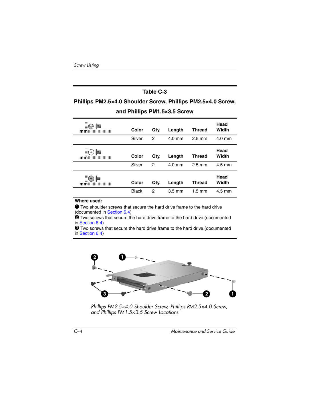 HP nx6130 manual Color Qty Length Thread Width Silver Head Black Where used 