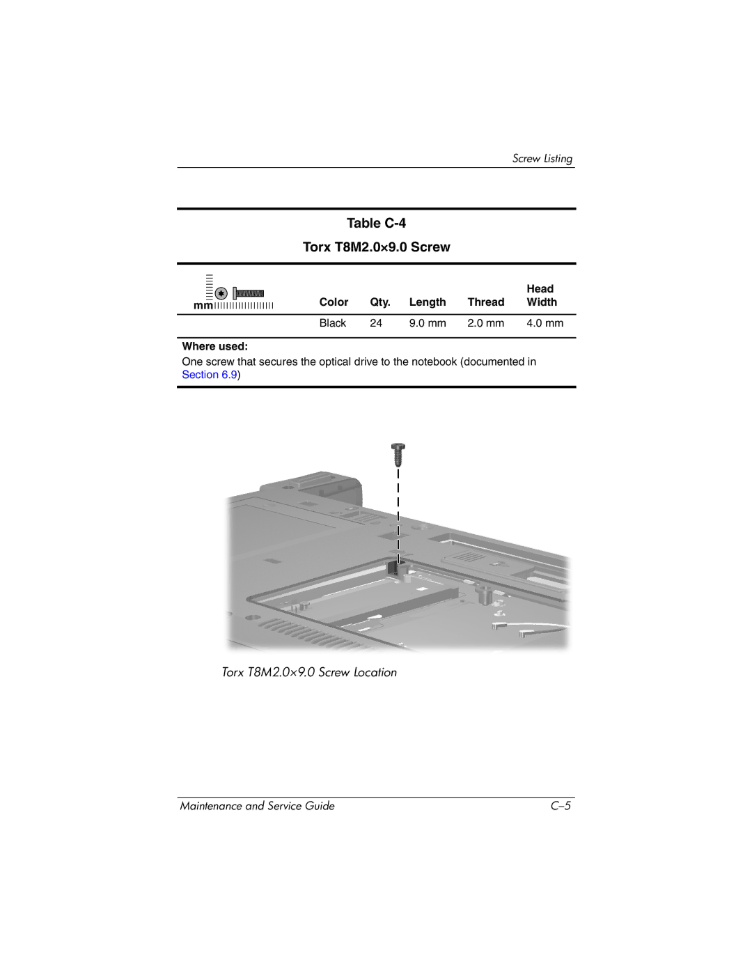 HP nx6130 manual Table C-4 Torx T8M2.0×9.0 Screw, Color Qty Length Thread Width Black Where used 