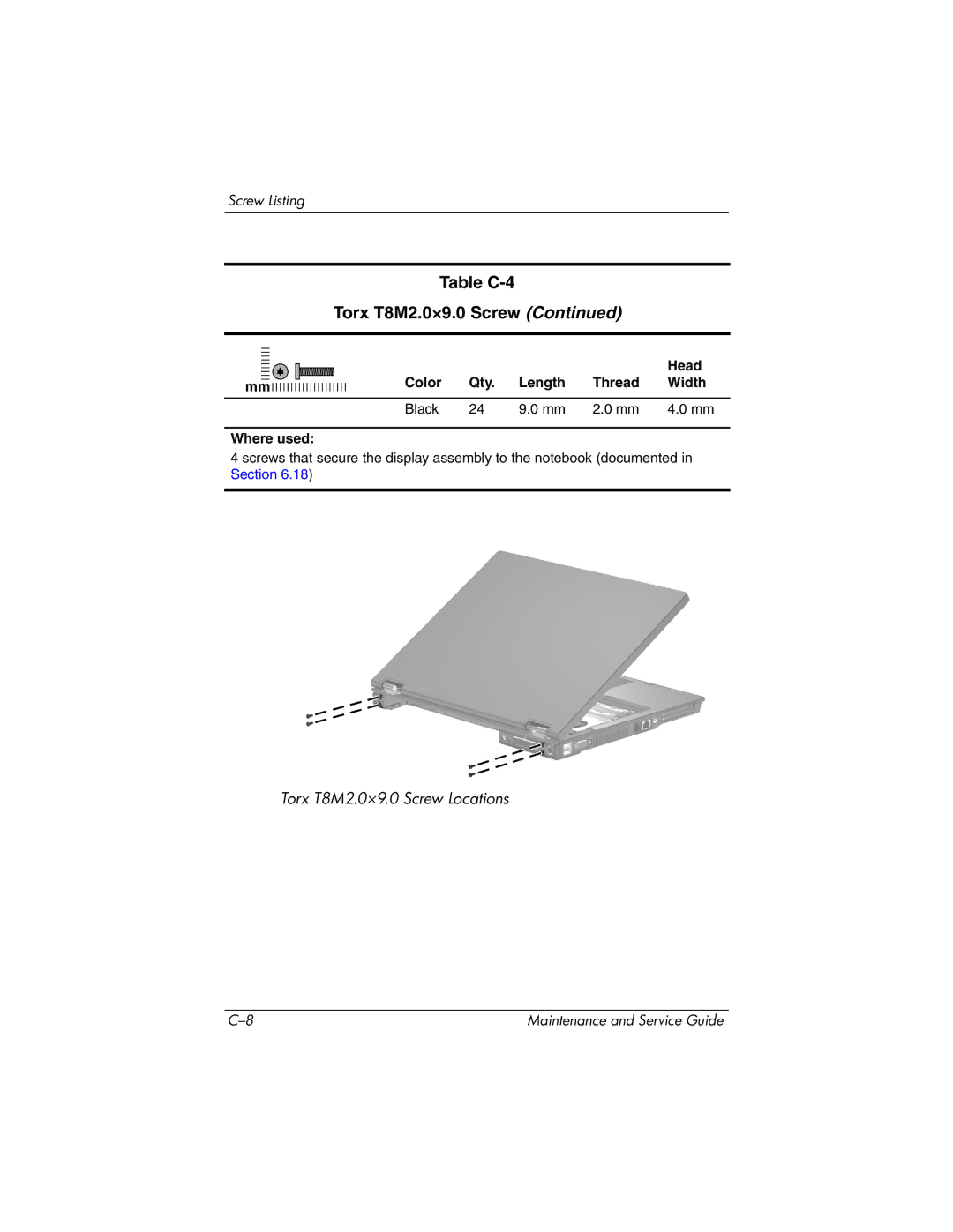 HP nx6130 manual Table C-4 Torx T8M2.0×9.0 Screw 