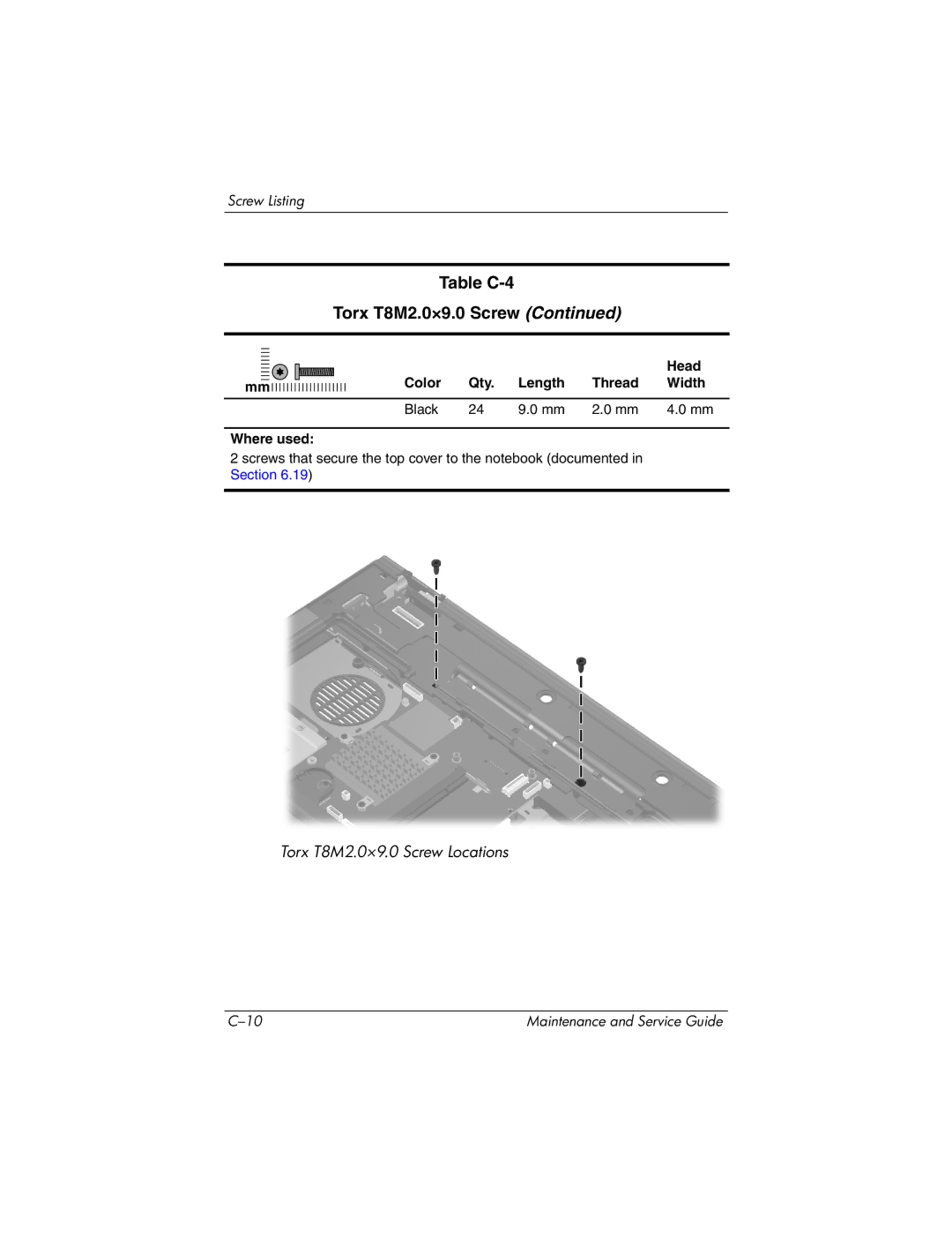 HP nx6130 manual Table C-4 Torx T8M2.0×9.0 Screw 