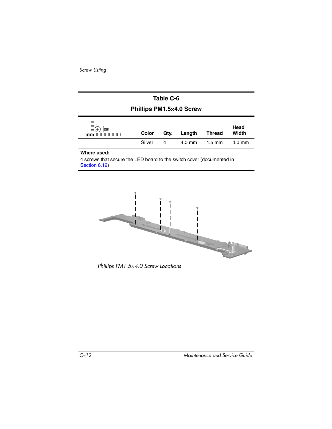 HP nx6130 manual Table C-6 Phillips PM1.5×4.0 Screw, Color Qty Length Thread Width Silver Where used 