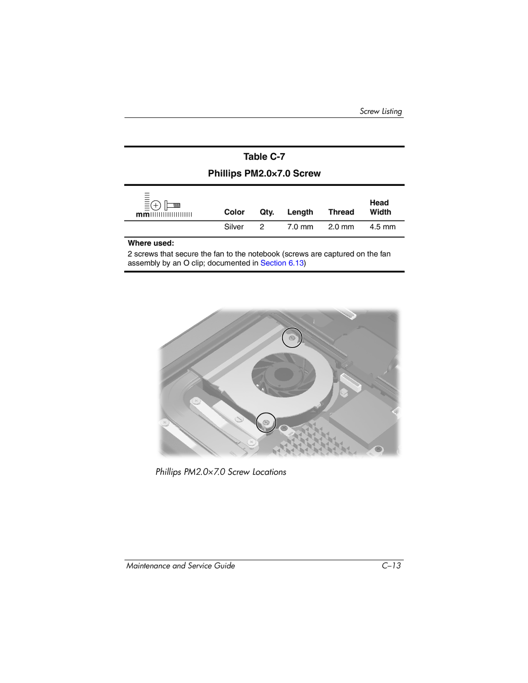 HP nx6130 manual Table C-7 Phillips PM2.0×7.0 Screw 