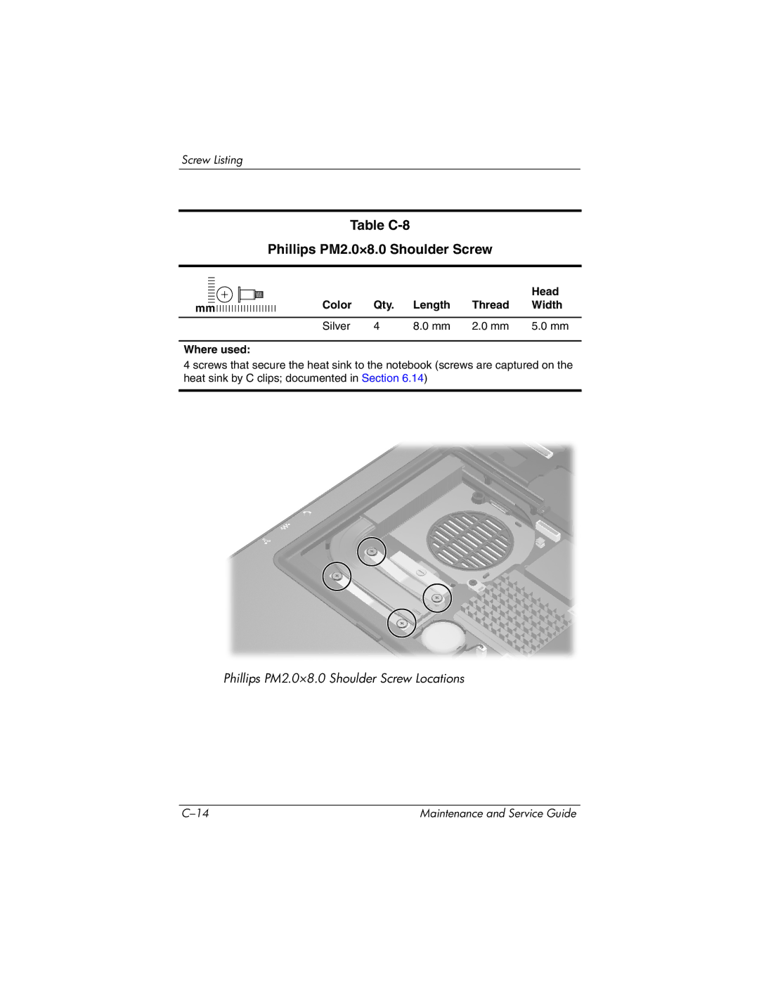 HP nx6130 manual Table C-8 Phillips PM2.0×8.0 Shoulder Screw, Head Color Qty. Length Thread Width 