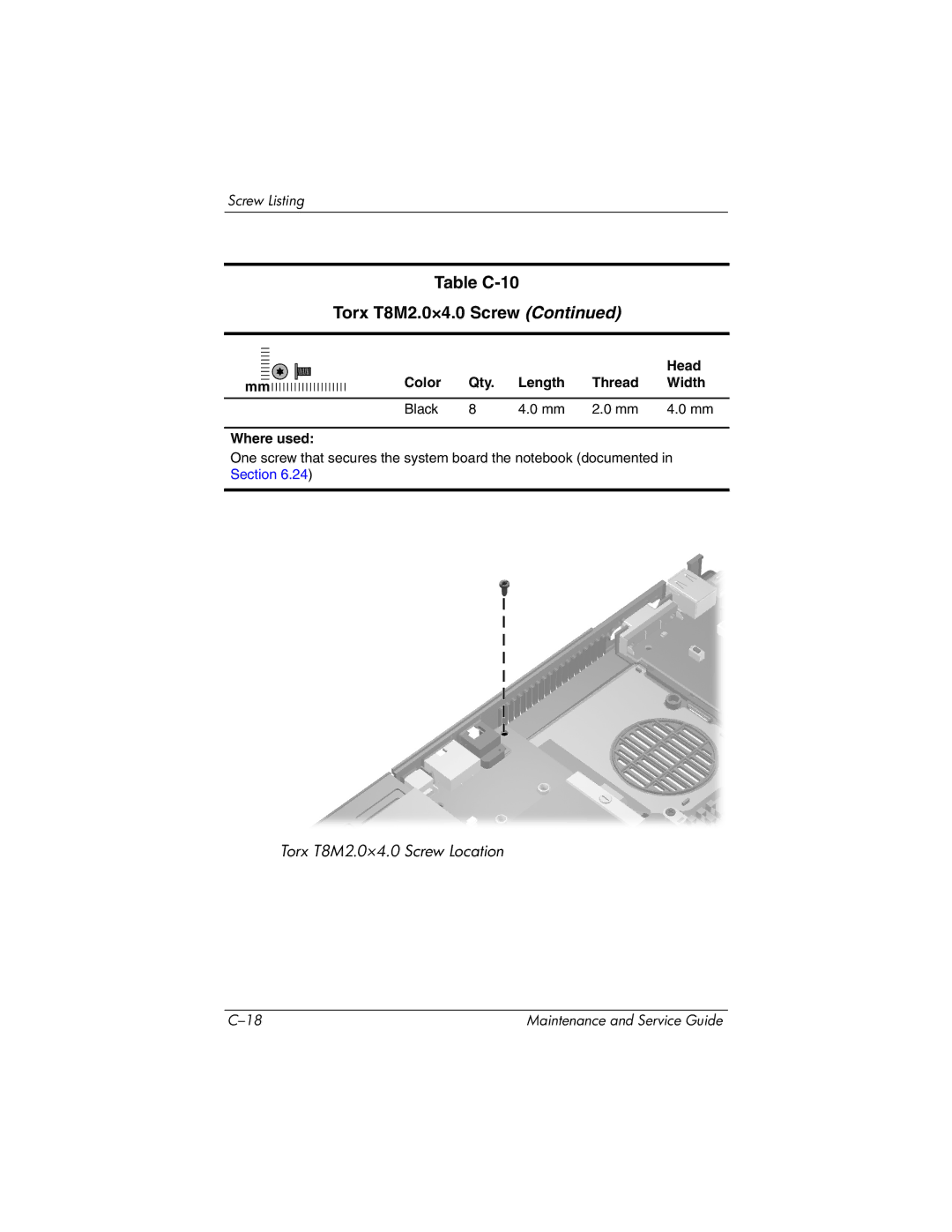 HP nx6130 manual Table C-10 Torx T8M2.0×4.0 Screw 