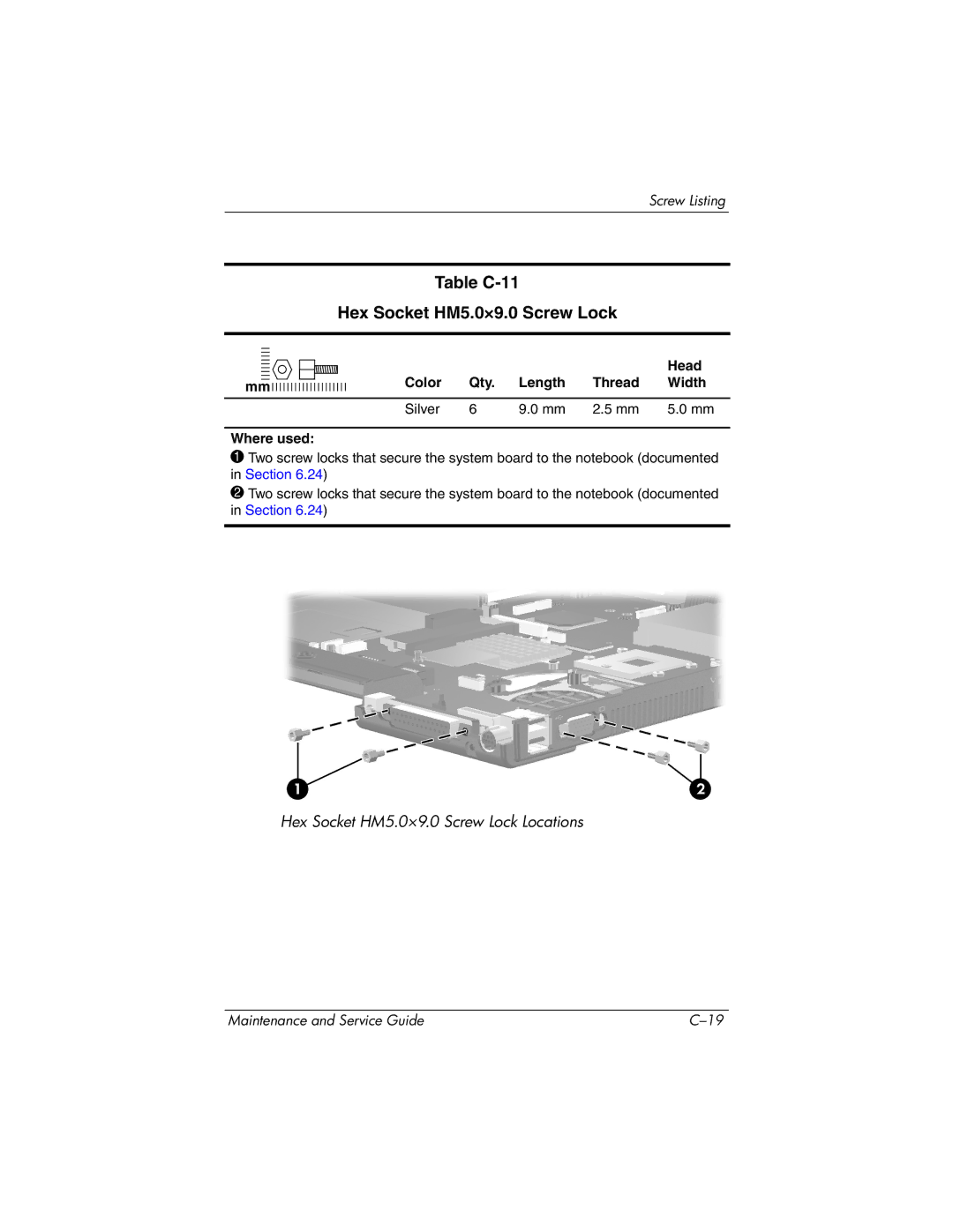 HP nx6130 manual Table C-11 Hex Socket HM5.0×9.0 Screw Lock 