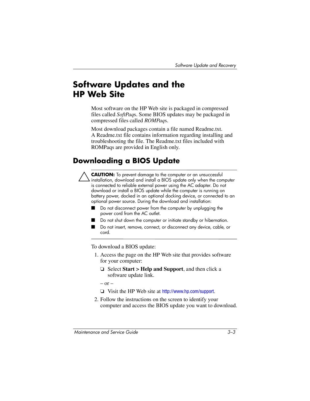 HP nx6130 manual Software Updates HP Web Site, Downloading a Bios Update 