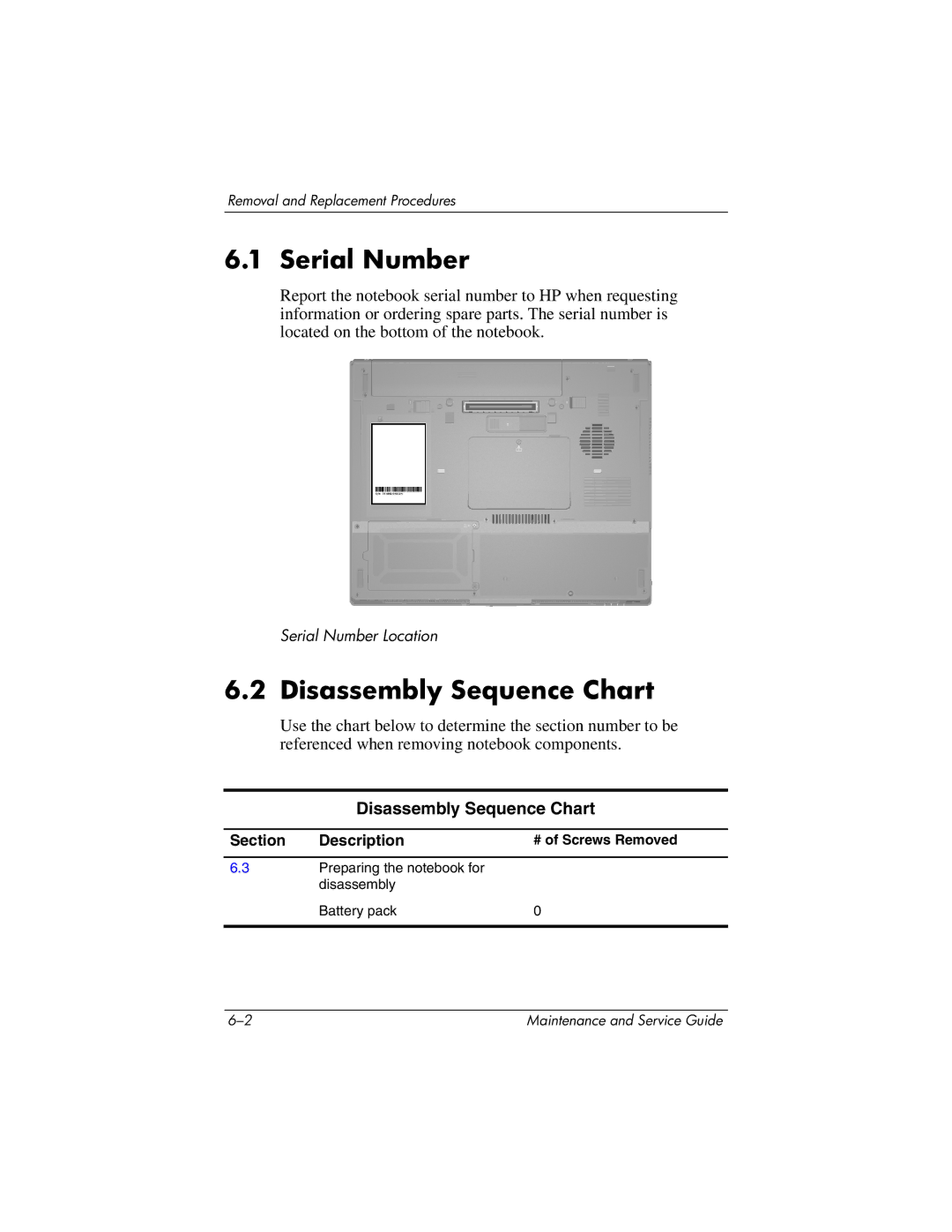 HP nx6130 manual Serial Number, Disassembly Sequence Chart, # of Screws Removed 